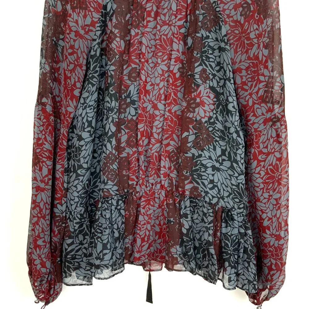 New Cinq a Sept Silk Chiffon Floral Tie Back Peplum Blouse Red Black Sz XS - Picture 5 of 16